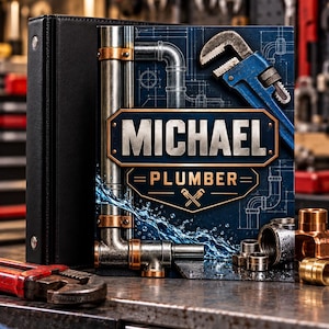 May include: A black binder featuring a blue cover with a blueprint design, metallic pipes, and a blue pipe wrench. The text reads MICHAEL and PLUMBER with a small wrench icon. The design includes splashing water and copper pipe fittings.