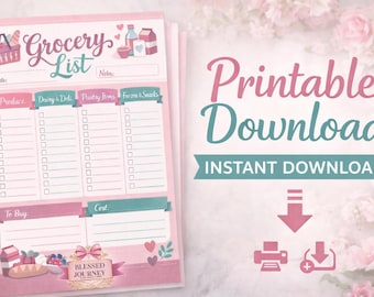 Pink Grocery List Printable | Weekly Shopping Planner (Digital Download)