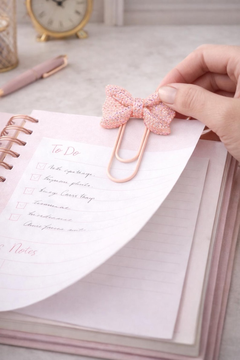 May include: A pink glitter bow paper clip is attached to a pink notebook with a spiral binding. The notebook is open to a page with a handwritten "To Do" list. A pink pen and a gold clock are in the background.