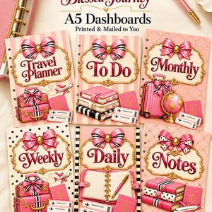 A5 Travel Planner Dashboards, Pink Bow Planner Dividers, 6 Piece Dashboard Set, Travel Theme Inserts, Printed and MailedChristian Planner