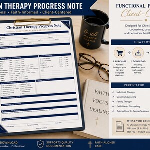 May include: A Christian Therapy Progress Note form on a clipboard, accompanied by a Holy Bible, a black mug with gold text, eyeglasses, and a notepad. The document includes sections for client information, mental status, and behavioral health documentation.