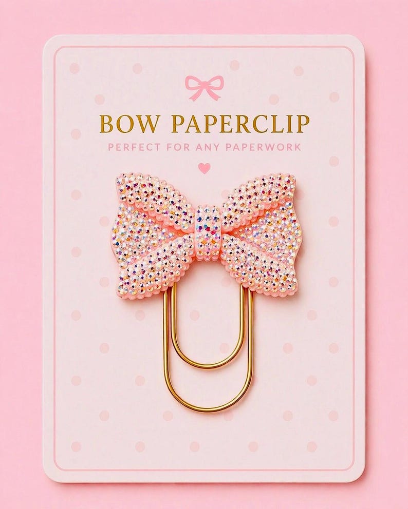 May include: A pink bow paperclip with a gold-coloured clip. The bow is covered in iridescent rhinestones and is attached to a gold-coloured paperclip. The card reads "BOW PAPERCLIP" in gold lettering.