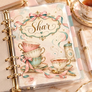May include: A ring-bound planner featuring a pastel illustration of stacked teacups, a teapot, and a pink ribbon. The cover displays the name Shar in elegant gold script within a decorative frame, accented by soft watercolor swirls and gold rings.