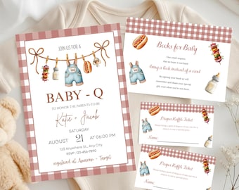 EDITABLE Baby-Q Baby Shower Invitation Set, Unisex Backyard Couples Baby Sprinkle, BBQ Party Template Pack, Baby Shower Books for Baby