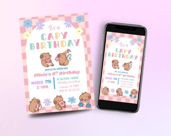 Capybara Birthday invitation, Cute Floral Pink Girls Capybara Party Invite, Spring Capy Birthday | Canva EDITABLE Printable Instant Download