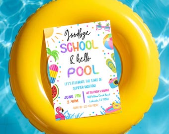 Goodbye School Hello Pool Invitation, End of School Pool Party Invite, Editable Summer Break Party Invite, Printable Canva Template