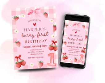 Berry First Birthday Invitation, Berry 1st Birthday Invitation, Bow Berry First Birthday Invite, Editable Canva