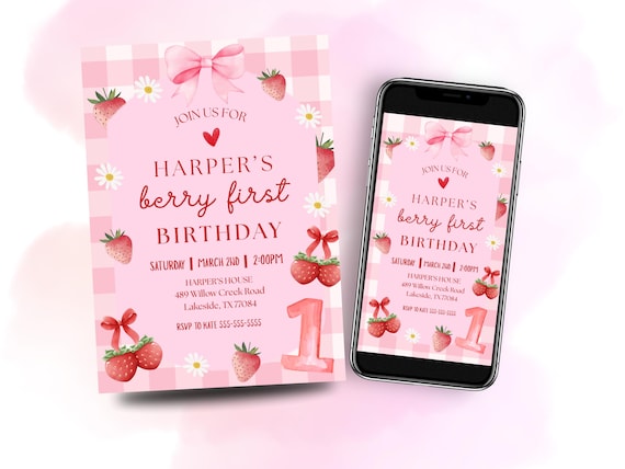 Berry First Birthday Invitation, Berry 1st Birthday Invitation, Bow Berry First Birthday Invite, Editable Canva