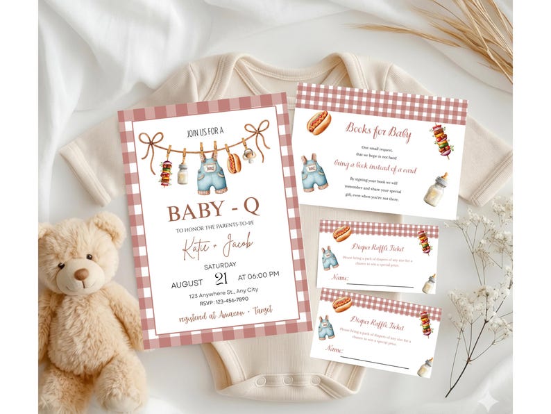 EDITABLE Baby-Q Baby Shower Invitation Set, Unisex Backyard Couples Baby Sprinkle, BBQ Party Template Pack, Baby Shower Books for Baby
