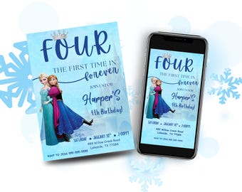 Frozen Four The First Time In Forever Birthday Invitation Frozen 4th Birthday Invitation Kids Fourth Party Invite Elsa Anna Theme EDITABLE
