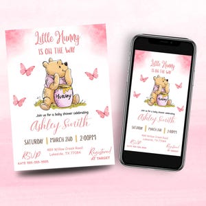 May include: Pink baby shower invitation featuring a Winnie the Pooh illustration with the text "Little Hunny is on the Way." The invitation includes details for Ashley Smith's baby shower, with butterflies and a pink background.