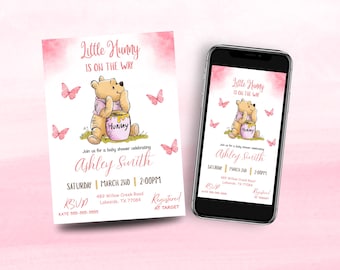 Editable Winnie the Pooh Baby Shower Invitation, Digital Invitation Oh girl, Winnie The Pooh Invitation, Canva Editable