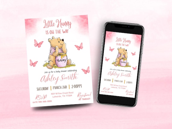 Editable Winnie the Pooh Baby Shower Invitation, Digital Invitation Oh girl, Winnie The Pooh Invitation, Canva Editable