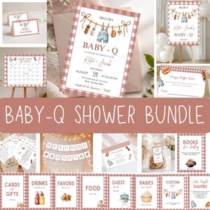 Könnte beinhalten: Ein Set an Babyparty-Papeterie mit Vichy-Muster und dem Thema "Baby-Q". Das Bundle enthält Einladungen, Schilder und Karten für Spiele, Geschenke und Gastgeschenke. Das Farbschema ist hauptsächlich rosa und weiß.