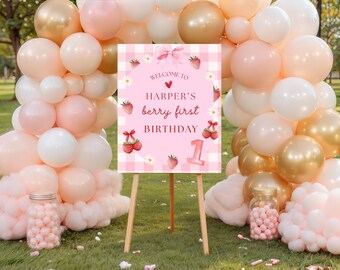 Berry First Birthday Welcome Sign, First Birthday Welcome Sign Template, Editable Printable Girl First Birthday Decor