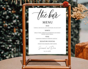 Szablon szyldu barowego, szablon menu weselnego, szyld barowy do druku, minimalistyczne menu weselne, edytowalny, 5x7, 8x10, 8,5x11