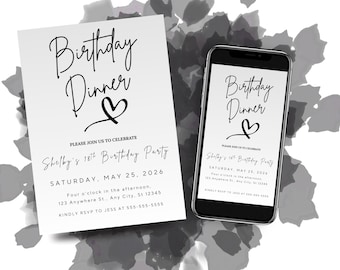 Birthday Dinner Invitation, Editable Birthday Dinner Digital Invite, Dinner Invitation Template, Minimal Birthday Invite, Any Age Invite