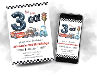 May include: A birthday invitation featuring a watercolor design with race cars, a traffic light, and the number 3. The invitation includes the text "two, one, GO!" and details for Mason's 3rd birthday, including the date, time, and location.