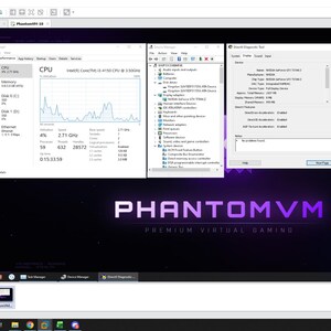 Könnte beinhalten: Ein Computerbildschirm zeigt mehrere Fenster mit Systemleistungsdaten. Das "PhantomVM"-Logo ist unten sichtbar, mit dem Slogan "Premium Virtual Gaming". Der Bildschirm zeigt CPU-Auslastung, Speicher und andere Systemdetails.