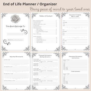 May include: An end-of-life planner and organizer with a floral design. The planner includes sections for personal information, important contacts, financial details, and insurance information. The cover reads "This Book Belongs To" and "Born on".