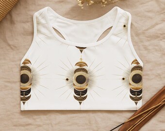 Reggiseno sportivo da yoga con fasi lunari / Design celeste bianco e oro / Top da yoga / Abbigliamento sportivo spirituale