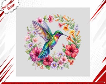 Vibrant Hummingbird Floral Wreath DTF Transfer Ready to Press Iron On - Colorful Tropical Flower Design for Custom Apparel