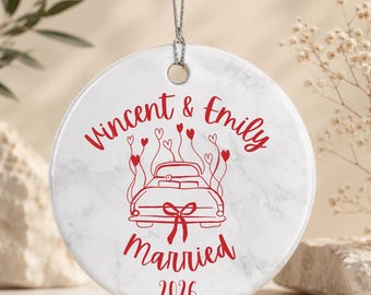 Personalized Married Ornament, Newlywed Gift Ornament, Wedding Car Keepsake, Custom Couple Ornament