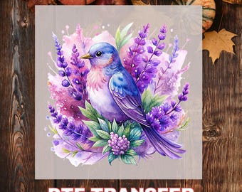 Lavender Bird DTF Transfer, Watercolor Bluebird Ready to press, Spring Floral Shirt Design