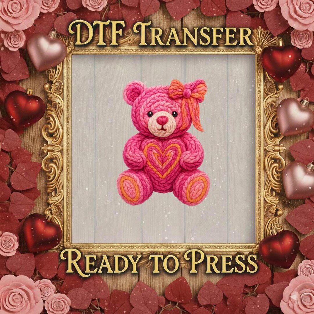 Pink Teddy Bear Knitted Texture DTF Transfer, Valentine's Day Bow - Etsy