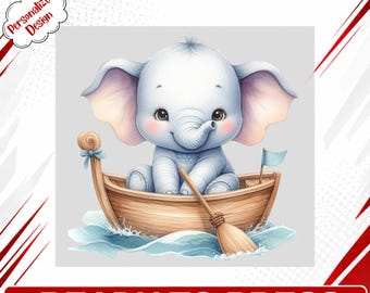 Cute Baby Elephant in Boat DTF Transfer Ready to Press, Adorable Safari Animal Iron On for Kids Apparel & Nursery Decor