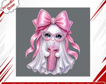 Cute Pink Bling Ghost DTF Transfer Ready to Press - Sparkly Halloween Spooky Season Design for T-Shirts