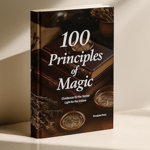 Op de afbeelding: Een hardcover boek getiteld "100 Principles of Magic" met een bruine leren kaft. Het boek bevat gouden kompasillustraties en de tekst "Guidance for the Seeker, Light for the Intlare". Het boek is van Principles Press.