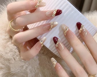 Elegant Gold-Glazed French Press-On Nails | Champagne Christmas & New Year Design | Sparkling Rhinestone Long Nail Set
