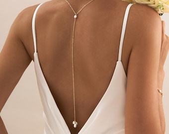 Pearl Back Necklace, Freshwater Pearl Necklace, Pearl Backdrop Necklace, Bridal Back Necklace , Wedding Jewelry, Christmas Gift for Her