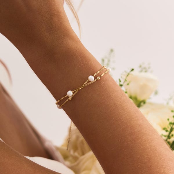 Double Chain Pearl Bracelet, Freshwater Pearl Bracelet, Pearl Beaded Bracelet, Maid of Honor Gift, Bridesmaid Gifts, Wedding Jewelry