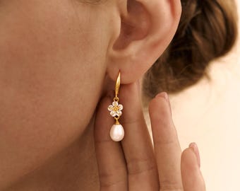 Bridal Flower Pearl Earrings, Gold Drop Earrings, Dainty Wedding Earrings, CZ Pearl Earrings, Bridesmaid Gift for Her