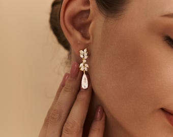 Bridal CZ Drop Earrings, Gold Wedding Earrings, Dainty Leaf Earrings, Teardrop Crystal Earrings, Bridesmaid Gift for Her