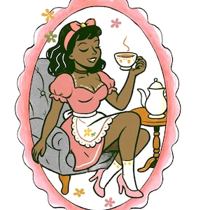 Cottage Core Tea Time Retro Pinup T-Shirt Grafik Design in 4 Farbtönen! Schwarzes Pin-up Bild (PNG Digital Download)