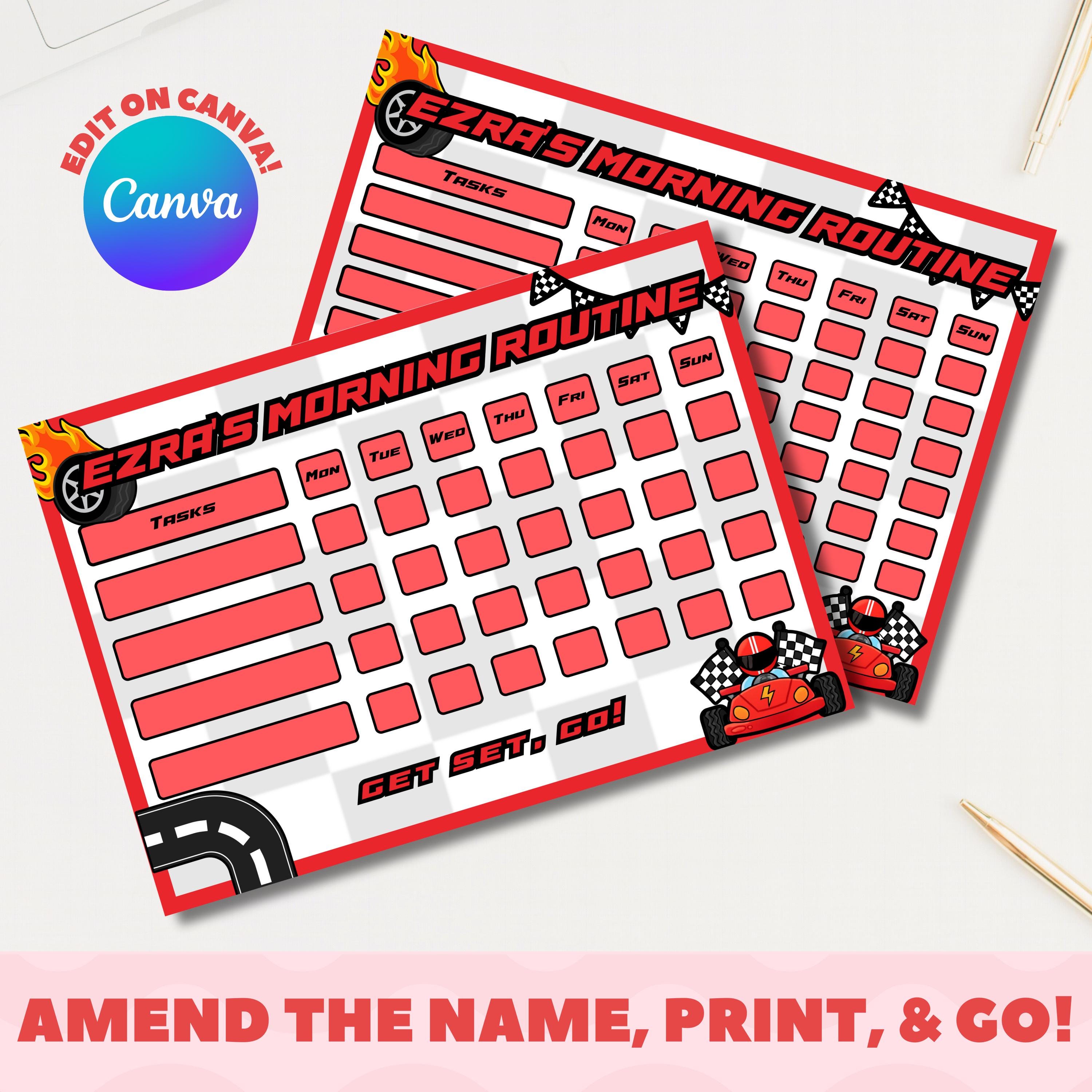 Racing Car Morning Routine Chart for Kids: Printable Checklist (canva ...