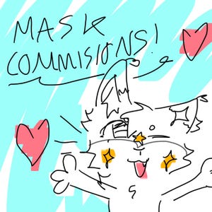 Może przedstawiać: Cyfrowa ilustracja liniowa na jasnoniebieskim tle przedstawiająca postać z dużymi uszami i radosnym wyrazem twarzy. Tekst MASK COMMISIONS jest napisany na czarno, w towarzystwie dwóch różowych serc i żółtych gwiazdek.