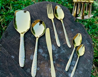 Gold Plated Stainless Steel Cutlery Set with Tableware Stand - 34 Pieces Dining table set,