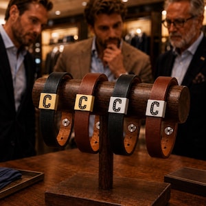 May include: Four leather bracelets displayed on a wooden stand. Two are black and two are brown, each featuring a square metal charm with a letter C surrounded by small dots. The bracelets have silver-toned metal snap closures on the inner bands.