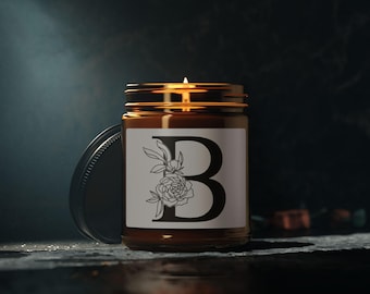 Monograma de la letra B, vela de soja perfumada, inicial B con flores