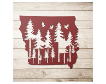 Iowa State Metal Wall Art • Die-Cut Steel Sign with Trees, Rustic Decor