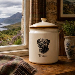May include: A cylindrical cream-colored ceramic treat jar with a matching lid. The front features a detailed black ink illustration of a dog's face above the word "Treats" printed in a simple serif font. The lid has a brown glazed rim.