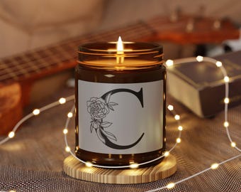 Letter C Monogram, Scented Soy Candle, Initial C with Flowers