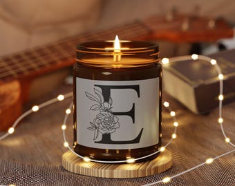 Letter E Monogram, Scented Soy Candle, Initial E with Flowers