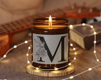 Letter M Monogram, Essential Oil Scented Soy Candle, Initial M with Flowers