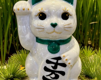 ヴィンテージの親子招き猫の置物、手描きの陶器の招き猫、幸運と繁栄の