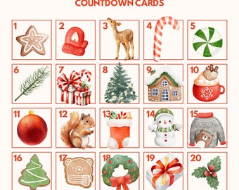 Puede incluir: Una tarjeta de cuenta regresiva de Adviento familiar con ilustraciones de acuarela. La tarjeta presenta 25 cuadrados numerados con imágenes navideñas como una estrella de jengibre, un ciervo, un bastón de caramelo, un muñeco de nieve y Papá Noel. El texto "FAMILY ADVENT" está en la parte superior.